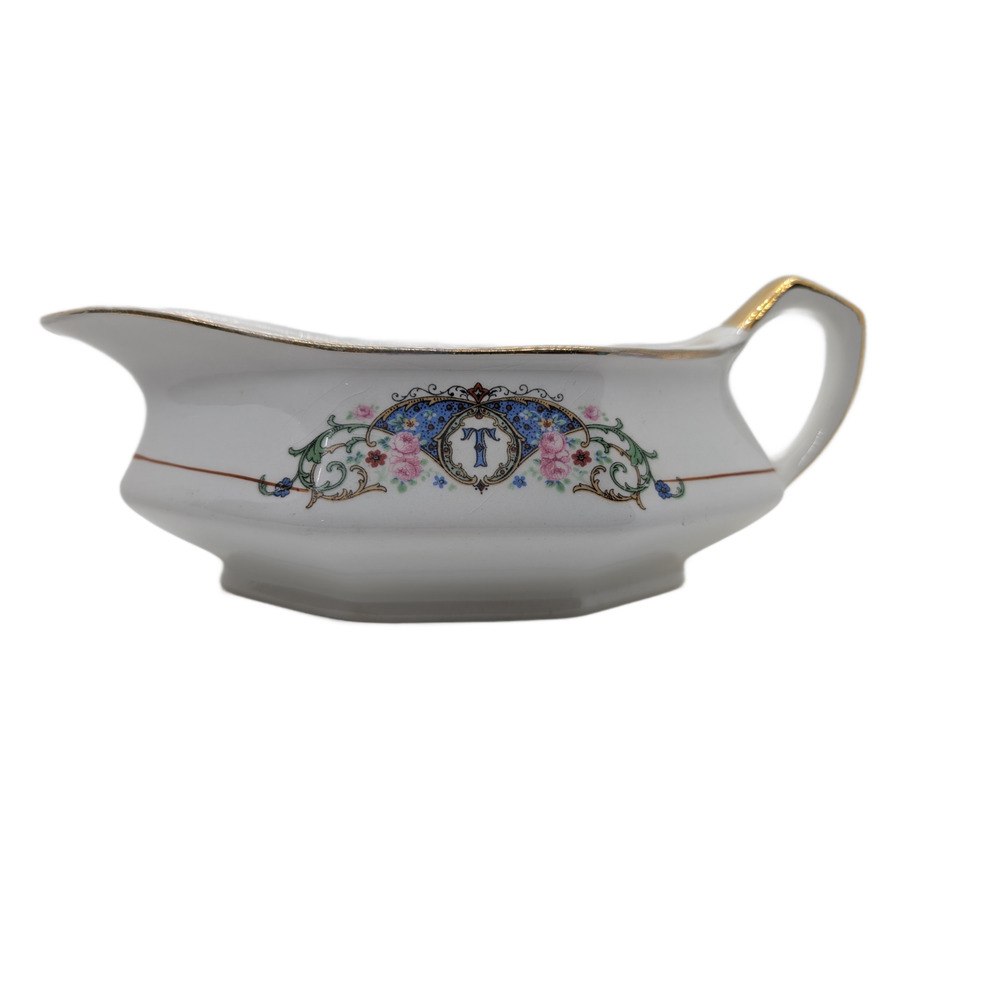 Martha Washington Gravy Boat Semi Porcelain Floral Gold Trim “T” 8”